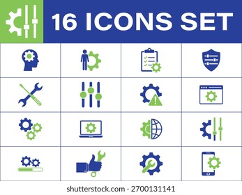 Un conjunto de iconos de diseño plano que ilustran varios aspectos de Configuraciones, configuración y técnicas 
Asistencia. Incluye engranajes, herramientas y Elementos de interfaz. Ideal para conceptos de tecnología y negocios