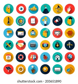 Set of flat design icons with long shadow for Business, SEO and Social media marketing. Vector