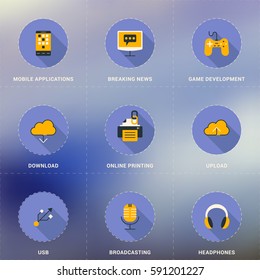 Set of Flat Design Icons With Long Shadow. Modile Apps, Game, Cloud Storage, Online Printing, USB, Broadcasting