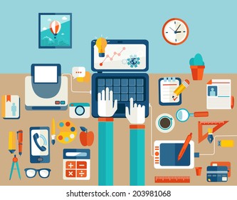 Set of Flat Design Icons.  Marketing Technologies, Concept Icons for Web Site Design. Digital Art and Gadgets. Flat modern design vector illustration concept of creative office workspace, workplace.