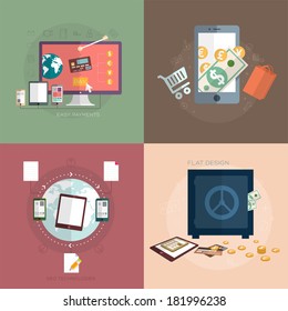 Set of Flat Design Icons. Mobile Phones, Tablet PC, Marketing Technologies, Mobile Apps, Email, Video Services and Money Management. Concept Icons for Web Site Design. Digital Art and Gadgets.
