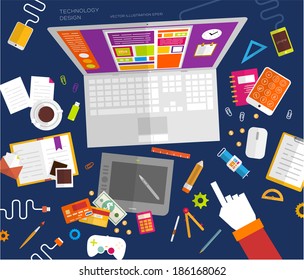 Conjunto de ícones de design plano. Celulares, Tablet PC, Tecnologias de Marketing, Aplicativos Móveis, Email, Serviços de Vídeo e Gerenciamento de Dinheiro. Ícones de conceito para o design de site. Arte Digital e Gadgets.