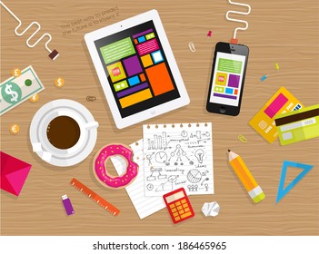 Set of Flat Design Icons. Mobile Phones, Tablet PC, Marketing Technologies, Mobile Apps, Email, Video Services and Money Management. Concept Icons for Web Site Design. Top View of Table with Coffee.