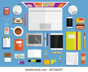 Set of Flat Design Icons. Mobile Phones, Tablet PC, Marketing Technologies, Mobile Apps, Email, Video Services and Money Management. Concept Icons for Web Site Design. Digital Art and Gadgets.