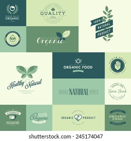 Conjunto de iconos de diseño plano para productos ecológicos naturales