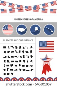 Set of flat design icons nfographics elements with American symbols.