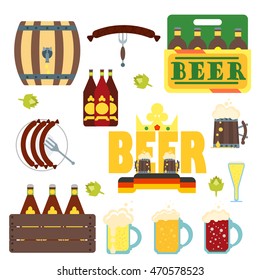 Set of flat design icons for Oktoberfest isolated on white vector. Set of German Oktoberfest vector design elements. Bavarian glass alcohol design festival traditional october sign.