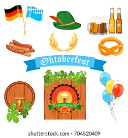 Set of flat design icons for Oktoberfest isolated on white vector. Set of German Oktoberfest vector design elements. Bavarian glass alcohol design festival traditional october sign.