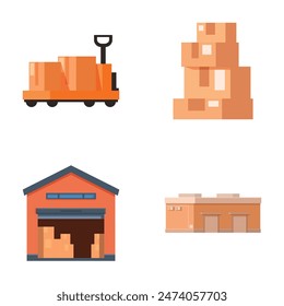 Set of flat design icons representing warehouse storage, logistics, and delivery elements