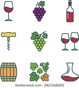 A set of flat design icons representing various elements of wine production and consumption including grapes, wine glasses, a bottle, corkscrew, and barrel.
