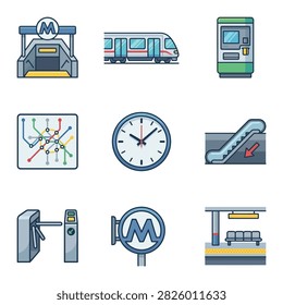 A set of flat design icons representing various elements of a subway or metro system including stations trains and maps.