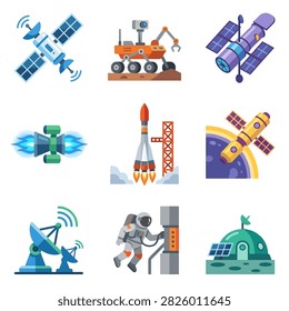 Set of flat design icons representing various space exploration elements and technologies.