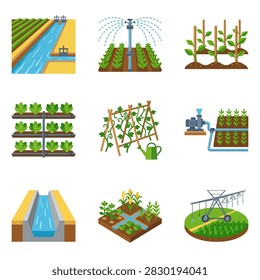 A set of flat design icons representing various farming and agriculture concepts and techniques.