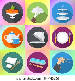 Set flat design icons for restaurant. cloche, bowl of oranges, hand hold cloche, teapot and cup, plate and cutlery, fork and spoon, japanese utensils, chopsticks. Flat signs collection long shadow 