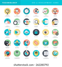 Conjunto de ícones de design plano para SEO e desenvolvimento de sites