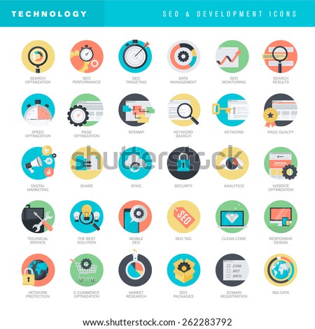 Set of flat design icons for SEO and website development    