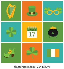 A set of flat design icons for St. Patrick's Day, isolated on white.