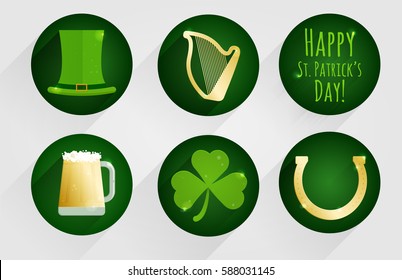 Set of flat design icons for St. Patrick's Day, isolated on dark green round background. For greeting card, poster, web banners ad, party invitation, article.