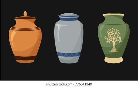 Set of flat design icons of urns for ashes. Cremation and funeral urn with dust. Burial and dead man. Isolated. Vector illustration.