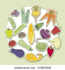 Set of flat design icons for vegetables asparagus, eggplant, tomato, pepper, zucchine, jalapeno, turnip, healthy food.