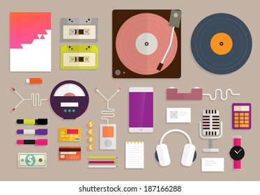 Set of Flat Design Icons. Vintage and Music Gadgets Icons Set. Mobile Phones, Turntable, Headphones, Business Cards, Microphone. Concept Icons for Web Site Design. Digital Art and Retro Gadgets.