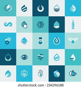 Set of flat design icons for water and nature for websites, print and promotional materials, web and mobile services and apps icons, for food and drink, healthcare, spa, organic product, environment. 