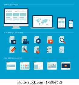 Set of flat design icons for web and mobile phone services and apps. Icons for web design development, web page design layouts, various devices.