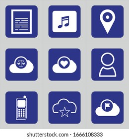 Set Of Flat Design Icons For Writing Line, Music, Location, Cloud Computing,  Person Icon, Cell Phone, Cloud Star, And Cloud Data Storage.