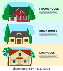 Set flat design illustration concept of housing. Three technology structure houses: frame, timbered and stone. Vector design template.