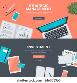 Set of flat design illustration concepts for strategic management and investment. Concepts for web banners and promotional materials.  