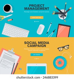 Set of flat design illustration concepts for project management and social media campaign. Concepts for web banners and promotional materials.  