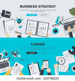 Set of flat design illustration concepts for business, finance, consulting, management, human resources, career, employment agency, staff training. Concepts for web banner and printed materials.