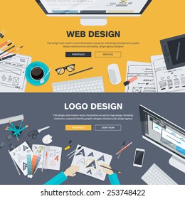 Set of flat design illustration concepts for web design development, logo design, graphic design, design agency. Concepts for web banner and printed materials.