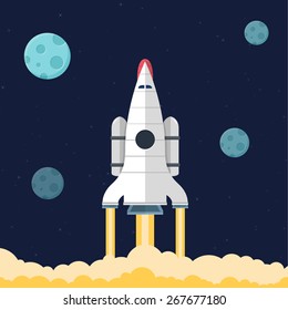 Set of flat design illustration concepts for web design development, logo design, graphic design, design agency. Rocket that fly in universe.