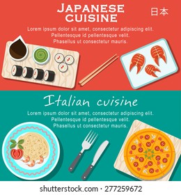 Set of flat design illustration concepts for japanese cuisine and italian cuisine web banners and printed materials, with pizza, pasta, sushi, fish.