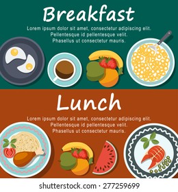 Set of flat design illustration concepts for breakfast and lanch web banners and printed materials, with eggs, coffe, fruit, pasta, sushi, fish.