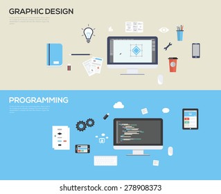 Set of flat design illustration concepts for web design development and graphic design