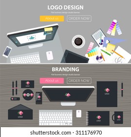 Set of flat design illustration concepts for branding design development, logo design, graphic design, design agency. Concepts for web banner and printed materials.
