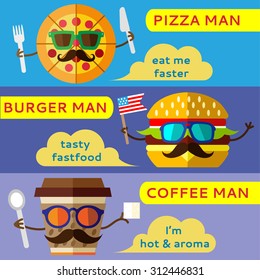 Set of flat design illustration concepts for fast food.Set of 3 horizontal fastfood web banners. Fun  hipster flat pizza, bugreg and coffee. Vector illustration, eps10. Cartoon hipster sunglasses 