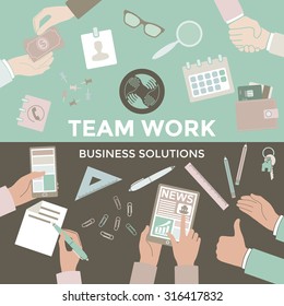 Set of flat design illustration concepts for business, finance, management, team work, analysis, strategy and planning, startup. Team work. Concepts for web banner and printed materials.