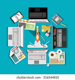 Set of flat design illustration concepts for business, finance, consulting, management, team work, analysis, strategy and planning, startup. 