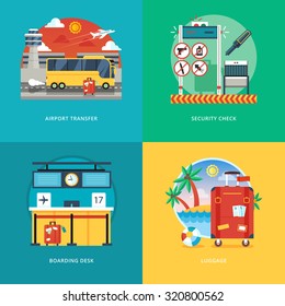 Set of flat design illustration concepts for airport transfer, security check, boarding desk, luggage service. Air traveling and tourism. Concepts for web banner and promotional material. 