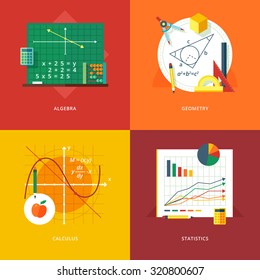 Set of flat design illustration concepts for algebra, geometry, calculus, statistics.  Education and knowledge ideas. Mathematic science.  Concepts for web banner and promotional material. 