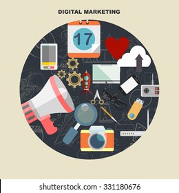 Set of flat design illustration concepts for video and digital marketing. Concepts for web banner and promotional material.