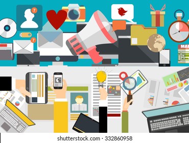 Set of flat design illustration concepts for video and digital marketing.Concepts for business planning and accounting, analysis, audit, project management, marketing.