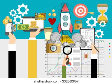 Set of flat design illustration concepts for business, finance, consulting, management, team work, analysis, strategy and planning, startup. Concepts for web banner and printed materials.
