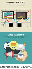 Set of flat design illustration concepts for video and digital marketing.Concepts for business planning and accounting, analysis, audit, project management, marketing.