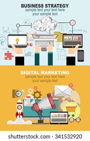 Set of flat design illustration concepts for video and digital marketing.Concepts for business planning and accounting, analysis, team work,audit, project management, marketing.
