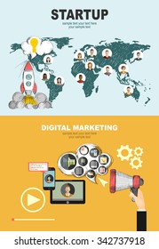 Set of flat design illustration concepts for video and digital marketing.Project start up.Concepts web banner and printed materials.