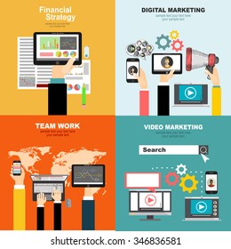 Set of flat design illustration concepts for video and digital marketing.Concepts for business planning and accounting, analysis, team work,audit, project management, marketing.